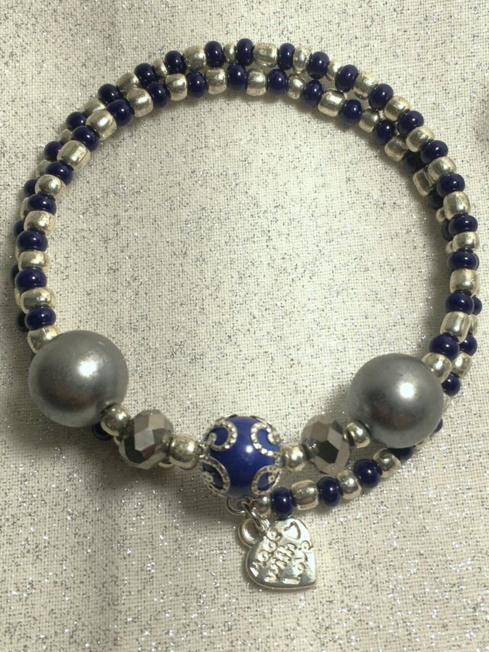 Double Wrap Bracelet – Blue, Silver & Metallic Accents – “Made With Love” Charm
